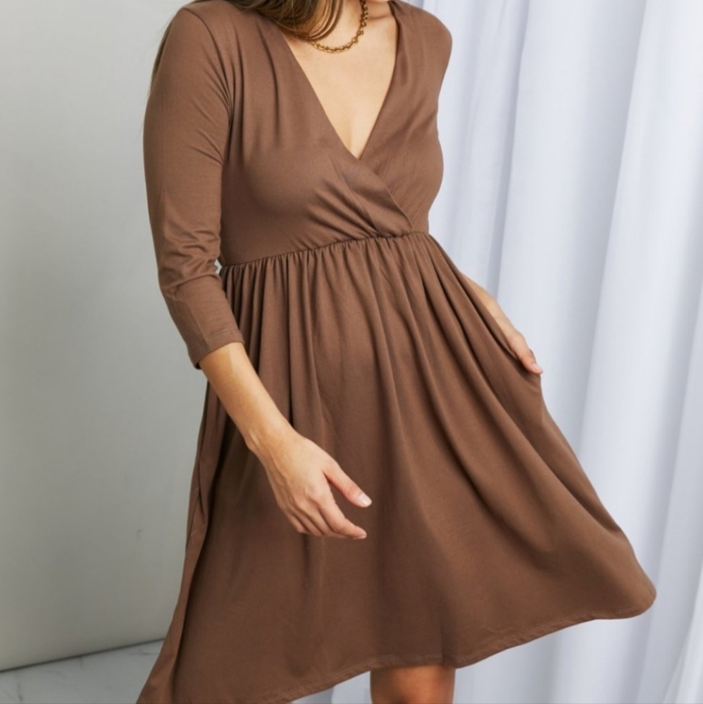 Zenana Three-Quarter Sleeve Surplice‎ Dress with Pockets in Mocha Womens Size S